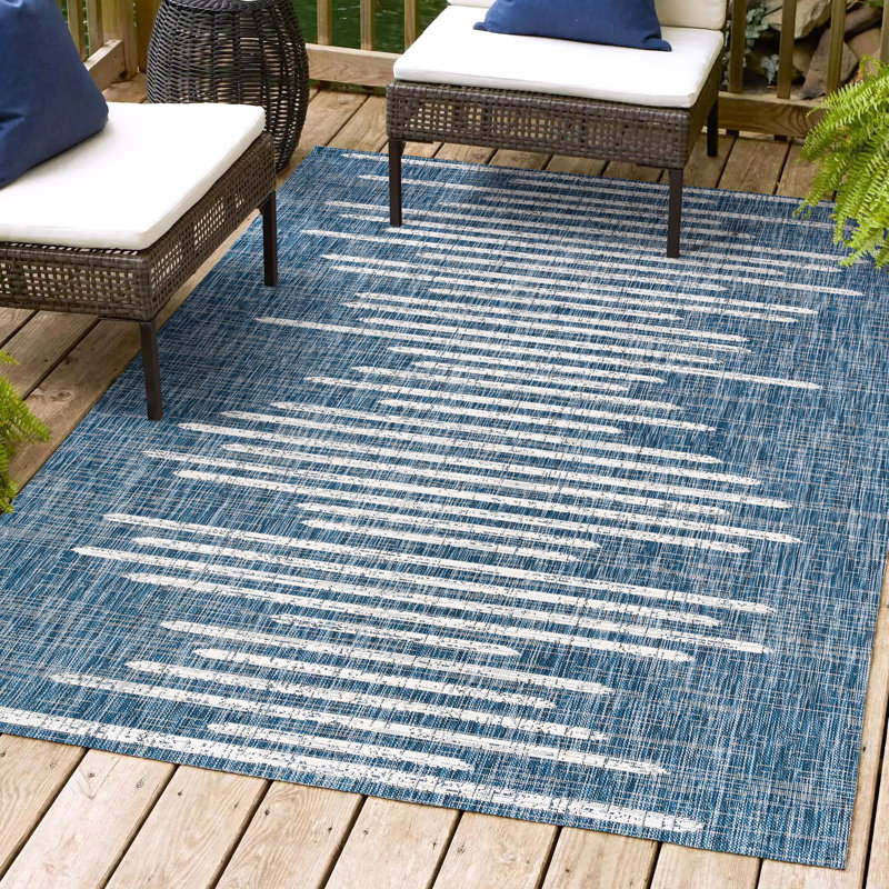 Grundy Berber Stripe Geometric Blue/Ivory Indoor/Outdoor Rug, Rectangle 7'9" x 10'