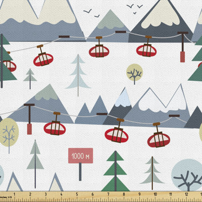 Tod Snow Capped Mountains Trees and Elevators Ski Resort Setting Fabric