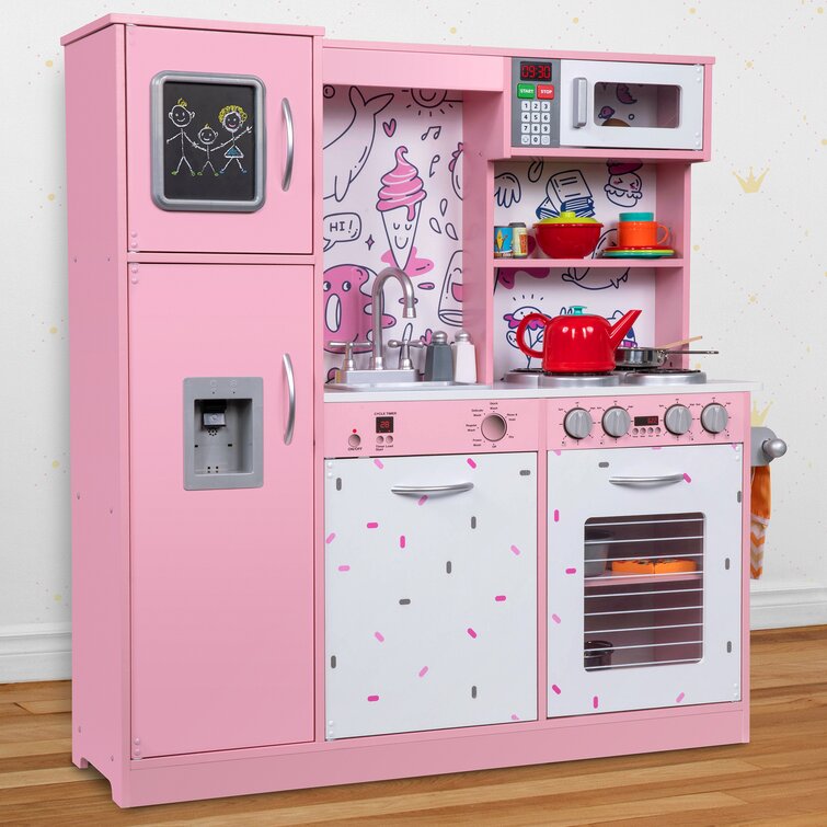 Lil' Jumbl Kids Kitchen Set, Pretend Wooden Play Kitchen, Battery Operated  Icemaker & Microwave with Realistic Sound, Pots & Pan Included - Pink