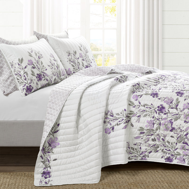 Gray and Purple Floral Reversible Microfiber Full Quilt Set