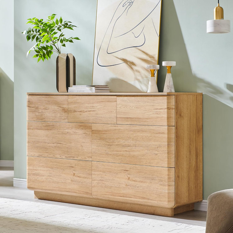 52" Wide Modern 7 Drawer Dresser, Wood Handleless Dresser Chest Of Drawers For Bedroom, Natural Oak