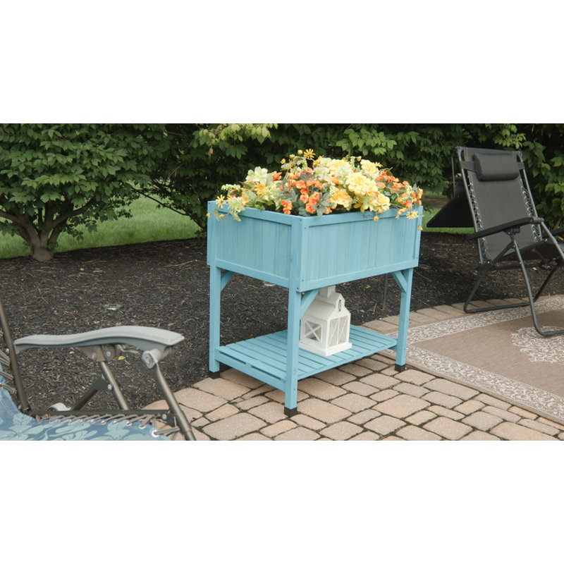 Pale Blue Wooden Raised Garden Bed Planter with Shelf