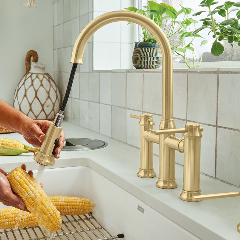 Empressa Pull-Down Dual-Spray Bridge Faucet, Satin Gold