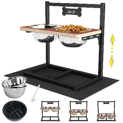 9-Level Adjustable Height Wood & Metal Elevated Dog Bowl Stand with Slow Feeder, 2 Stainless Steel Bowls & Custom Name Tag