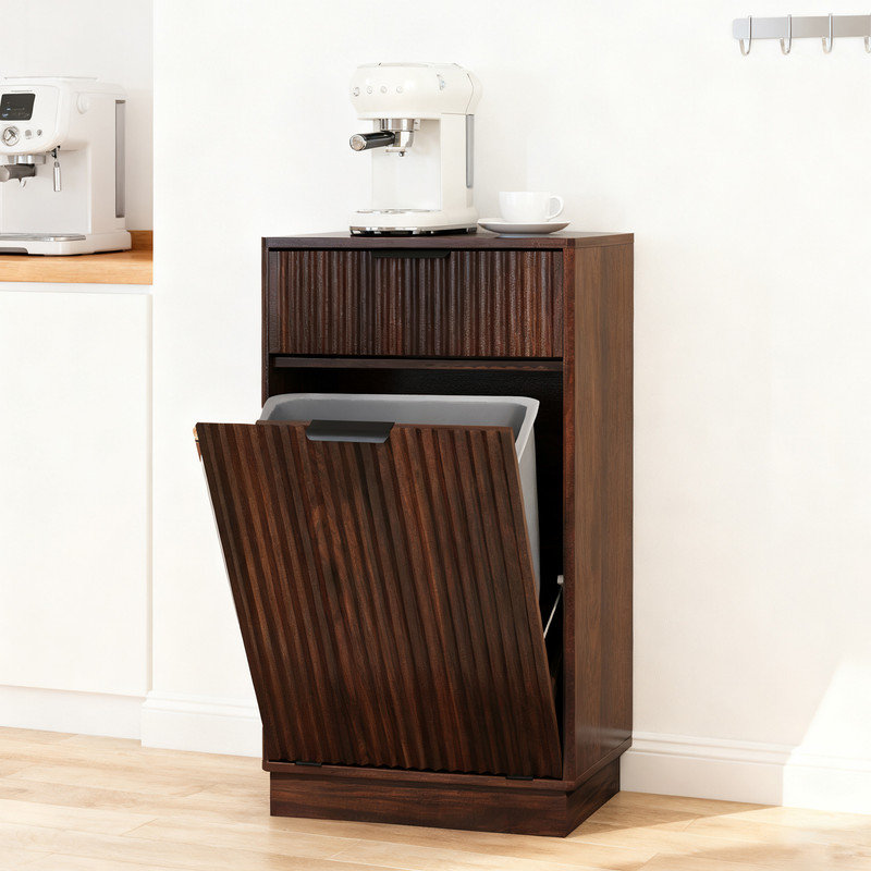 Armoire à ordures inclinable de 10 gallons avec tiroir dissimulé, organisateur de rangement à recyclage de grain de bois pour la cuisine et la salle de bain