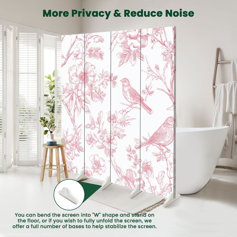 Paravent pliant à 4 panneaux, motif floral royal vintage, oiseaux et fleurs, toile rose pâle, séparateur de pièce autoportant, cloison de protection pour plus d'intimité