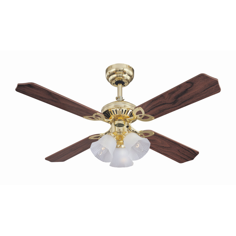 Gemmenne 105cm Ceiling Fan with Light Kit, Polished Brass / Oak Cane or Mahogany