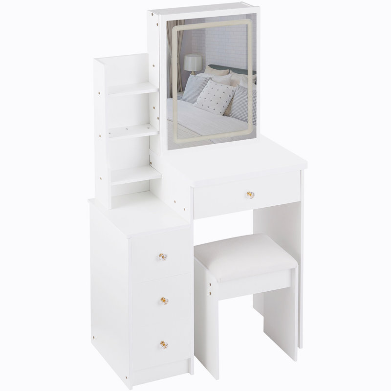 Table de coiffeuse avec tabouret rembourré Ray, Blanc