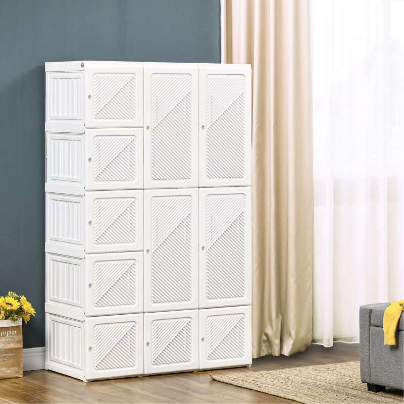 Armoire-penderie portable, armoire de chambre pliante, organisateur de rangement de vêtements avec 11 compartiments cubiques, tringle, portes magnétiques, blanc