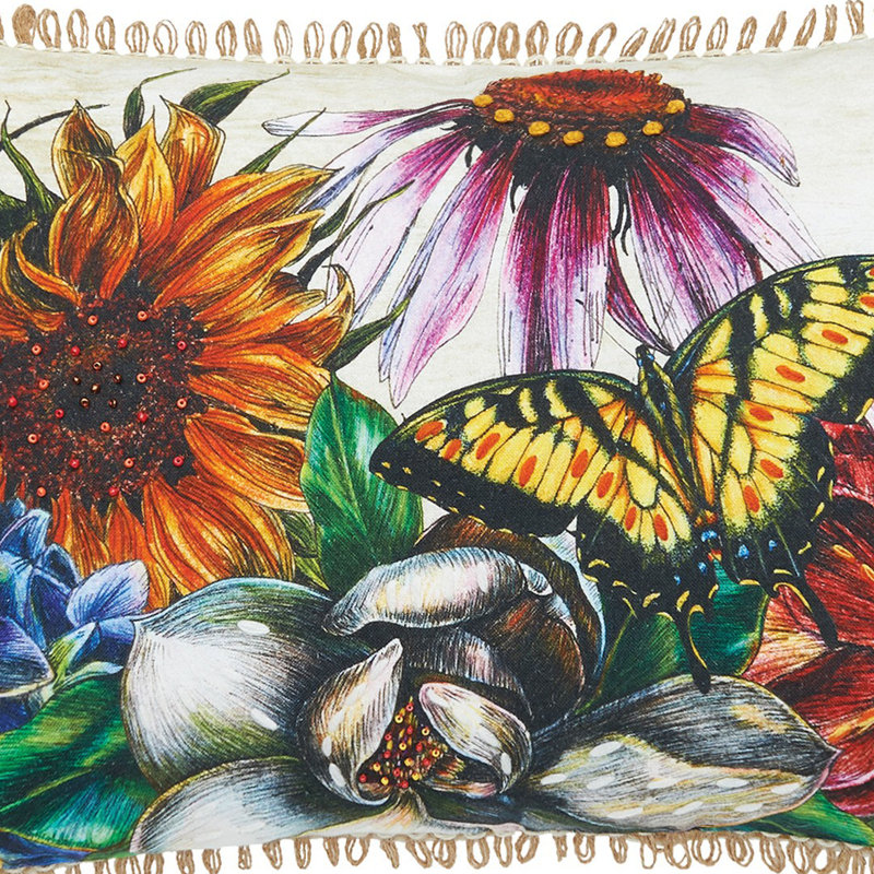 Botanical Floral Cotton Rectangular Throw Pillow with Twine Border