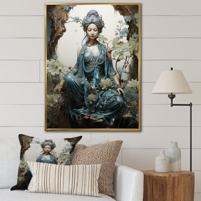 Art bouddhiste sarcelle beige avec bodhisattva sur toile