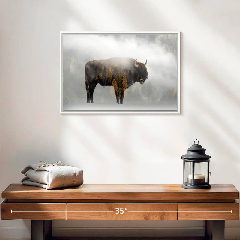 Bison de la forêt de pins, 19 po x 13 po, Cadre flottant blanc