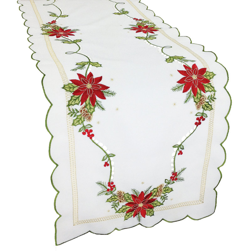 Scrolling Poinsettia Embroidered Cutwork Table Runner, 72" L x 15" W