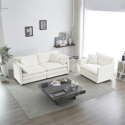 Chaise pour 2 personnes, revêtement en chenille blanc, structure en bois, rembourrage en éponge confortable, mobilier de base pour salon, design élégant de haute qualité,