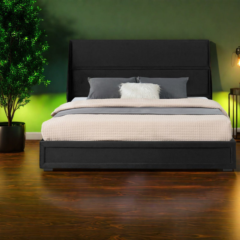 Lit plateforme avec panneau de rangement en MDF et tête de lit en velours pour la maison
