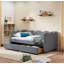 Lit de jour simple en vichy douillet avec deux tiroirs de rangement, avec port USB et adorable tissu en forme de vague-179574918-179574939