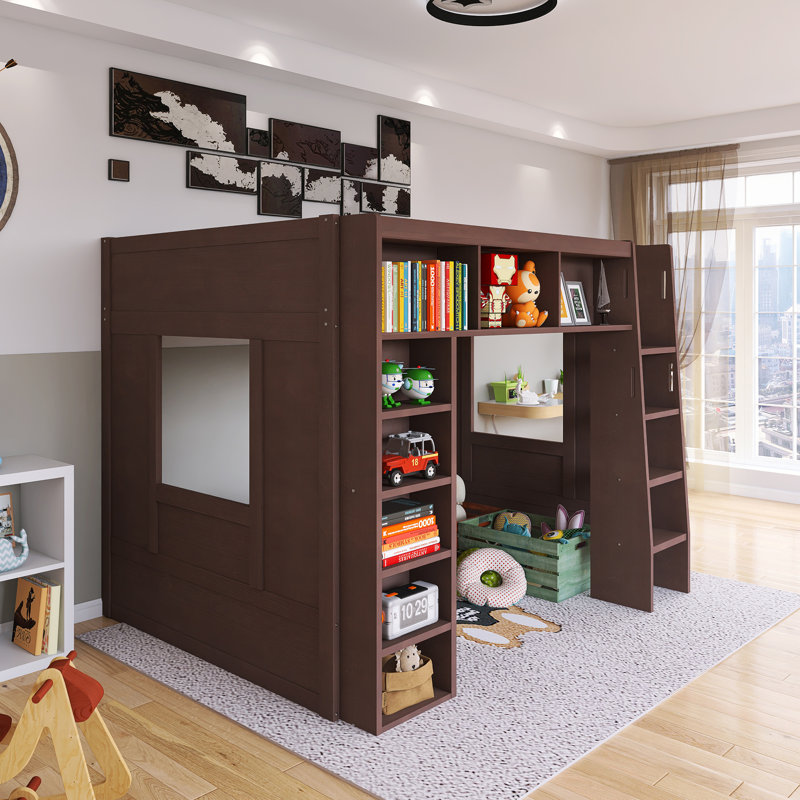 Grand lit mezzanine à structure en bois avec tablettes de rangement, Brown