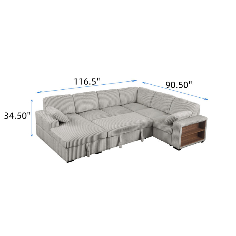 Canapé en velours côtelé de style divisé avec fauteuil inclinable et accoudoirs de rangement, Gris clair