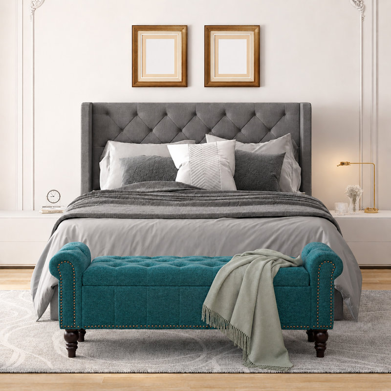 59" Wide Upholstered Storage Bench with Solid Wood Legs & Nailhead Trim, Teal