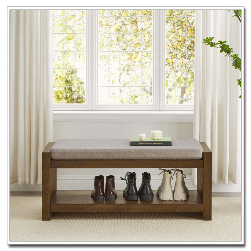 Banc de rangement à structure en bois avec coussin amovible, tablette inférieure, Lin lin