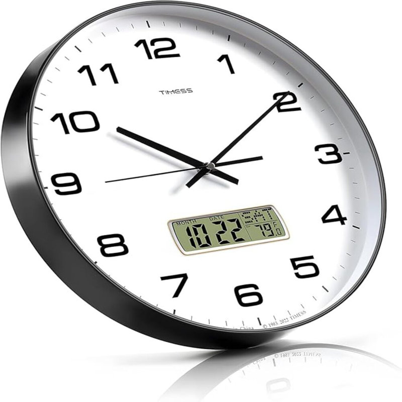 Horloge murale, cadran 13 po analogique à pile sans cadran analogique avec écran LCD pour calendrier perpétuel et température F °, idéal pour maison moderne, chambre à coucher, cuisine, bureau (noir)