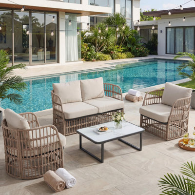 Ensemble de mobilier d'extérieur 4 pièces, ensemble de conversation en osier avec causeuse, 2 chaises, table basse et coussins pour la cour, le balcon et le jardin