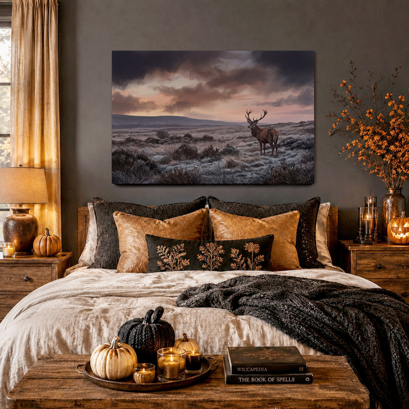 Tableau sur toile représentant un cerf debout dans un champ herbeux au coucher du soleil, pour l'Halloween, H 20 po x l 30 po