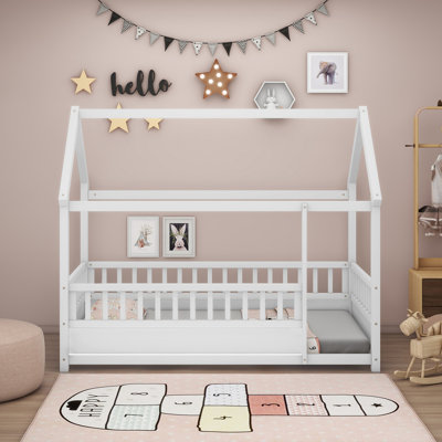 Twin Size Floor Wooden Bed With House Roof Frame, Fence Guardrails
