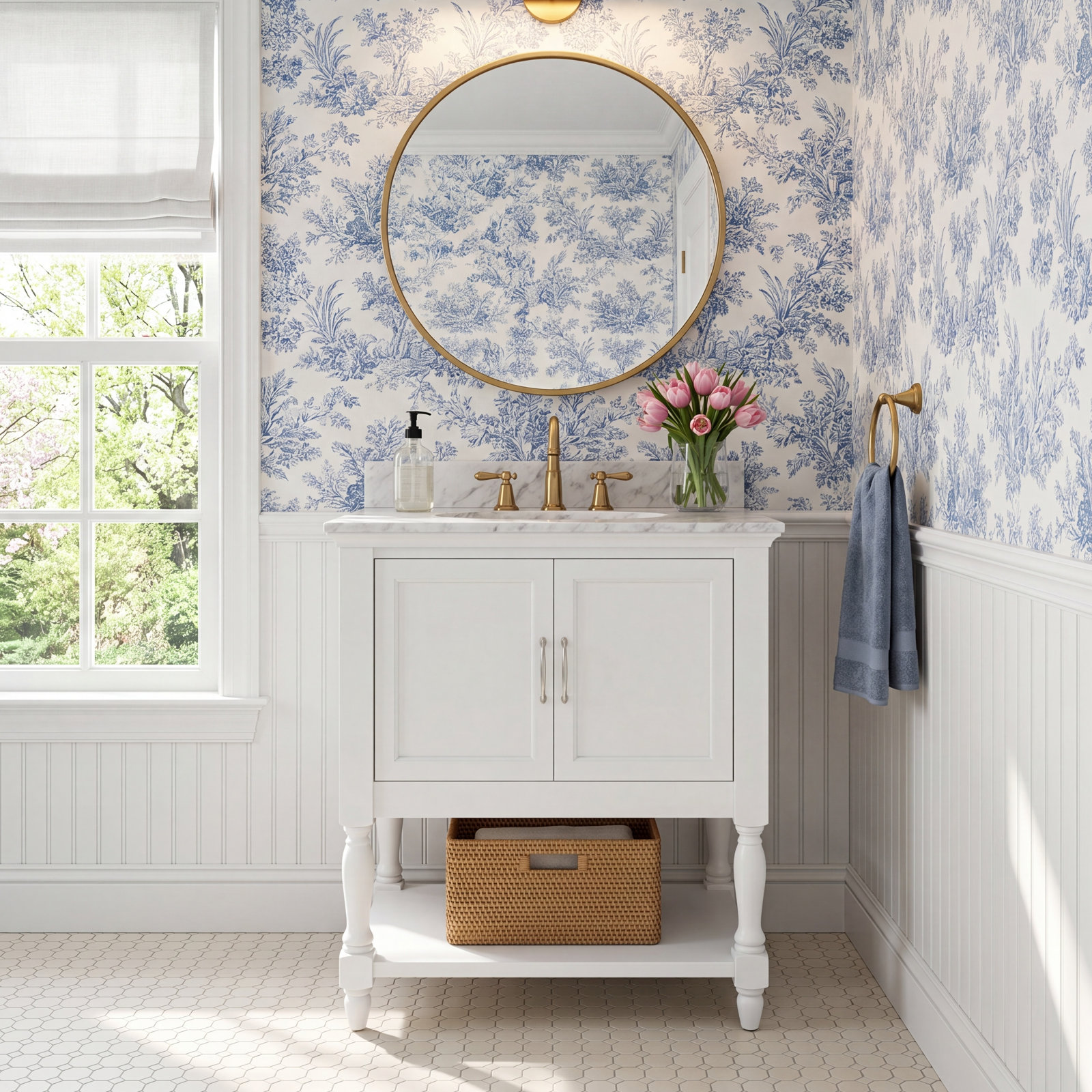 Hampton 24'' Single Bathroom Vanity, White, Carrara Marble