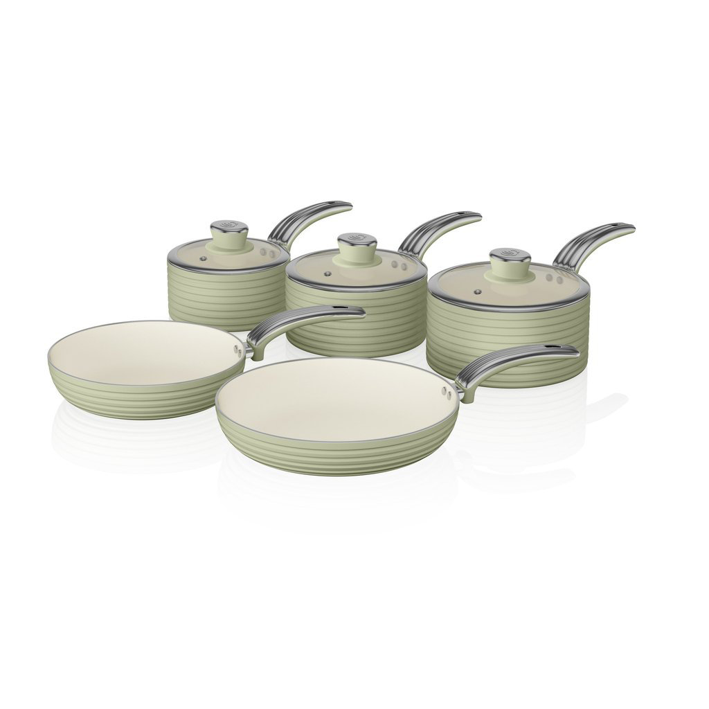 Swan Retro Aluminium Pan Set with Glass Lid, Non-Stick Ceramic Coating