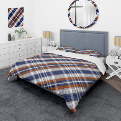 Tartan à carreaux blanc et bleu - Ensemble de housse de couette abstrait - Microfibre de polyester