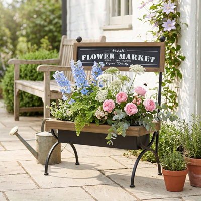 Rustic Brown Wooden Planter Stand 24" with Black Iron Frame, Retro "Flower Market" Sign Display Rack for Potted Plants