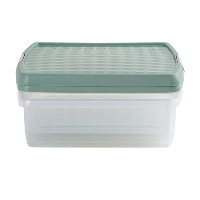 Wham Clip 2x 13.2L Square Plastic Storage Boxes with Secure Clip Lock Lids. L:39.5 x W:39.5 x H:12cm Clear/Green Milieu/Stone
