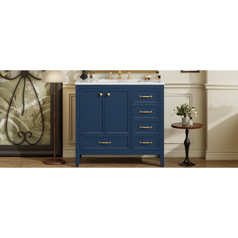 Meuble-lavabo bleu de 36 po avec lavabo en céramique teinté, structure en bois massif, rangement, design, tiroirs multiples, structure en pin lisse facile à assembler, armoire de porte, quatre tiroirs de différentes tailles, pour