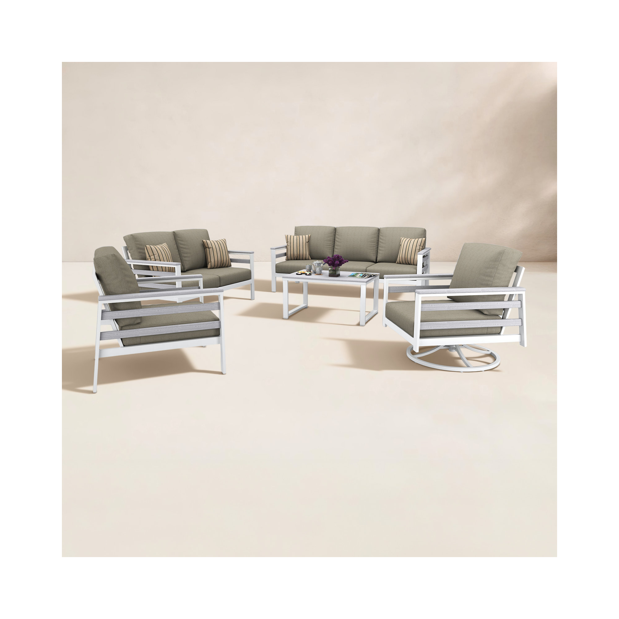 Townsend 7 Person Seating Group With Sunbrella Cushions, Spectrum Dove, White