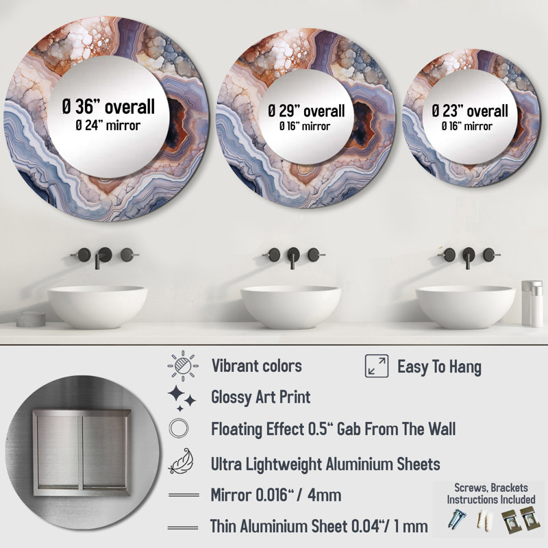 Stone Geode Scenery Minimalism II - Stone Geode Unique Wall Mirror, Beige Round Mirror, Printed Metal Art, 29" x 29"