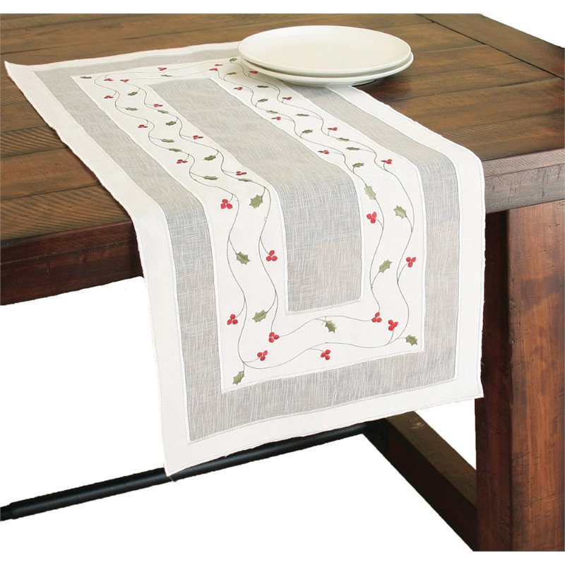 Chemin de table de fêtes nappe à broderies classic holly, L 48 po x l 12 po