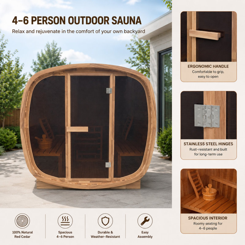 4-6 Person Outdoor Red Cedar Square Sauna With 6kw Heater And Tempered Tinted Glass Door