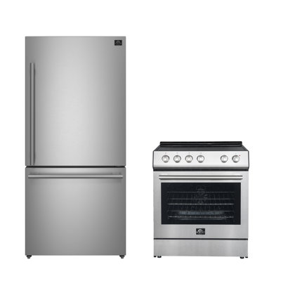 FORNO Premium 2-Piece Kitchen Bundle - Leonardo Espresso 30" Stainless Steel Range, 31" Stainless Steel Bottom Freezer