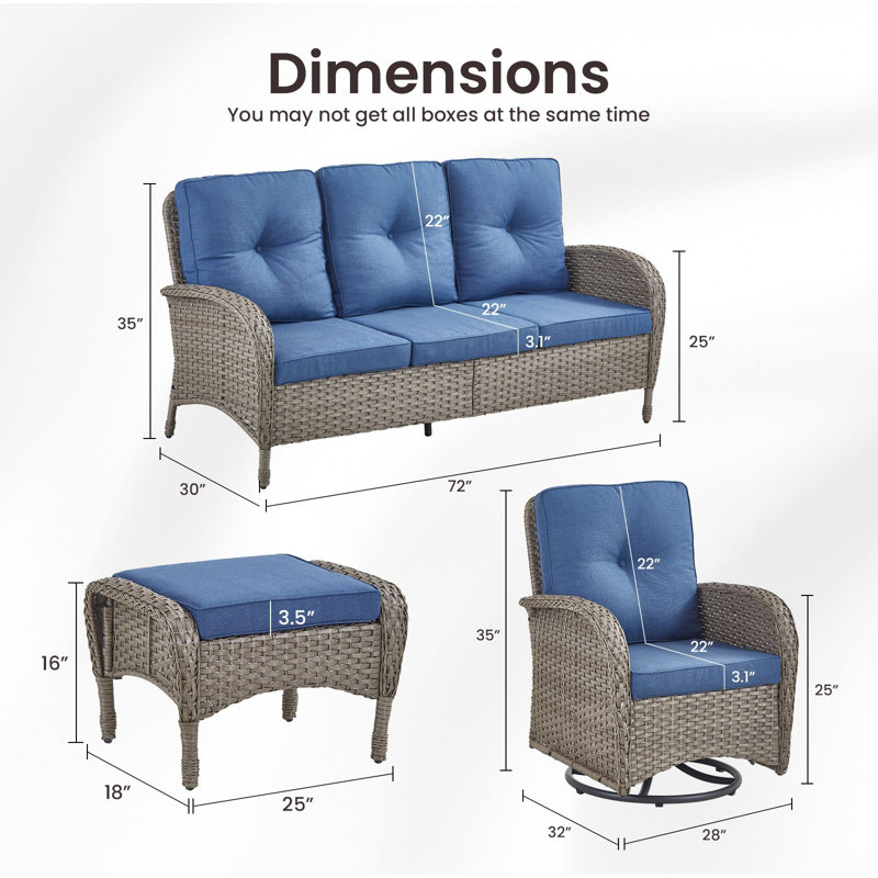 Valierius 5-Piece Outdoor Wicker Patio Furniture With 8 Seat Sofa & Swivel Chair, Coversation Set With Water Resistant Cushions