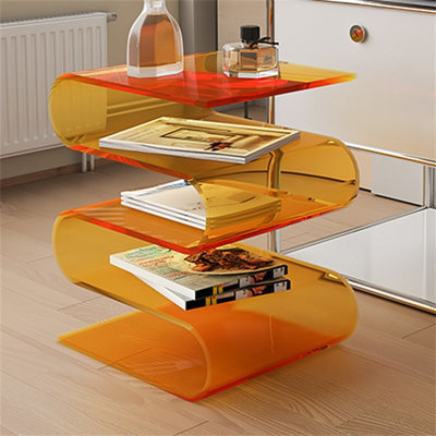 Table basse moderne en forme de S en acrylique, table de bout transparente et brune avec tablette, table d'appoint minimaliste de salon et de chambre à coucher, bibliothèque transparente