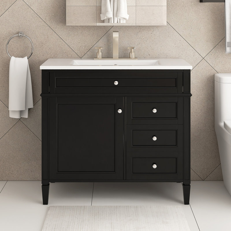36 po Meuble-lavabo autoportant noir avec lavabo supérieur, Noir, noir, noir, noir, Blanc