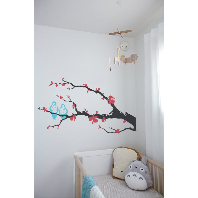 Décalcomanie murale branche arbre love oiseaux, H 21 po x l 40 po x P 0,01 po, Rouge / bleu
