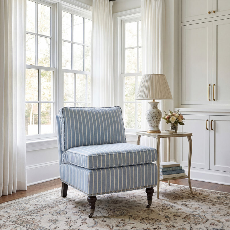 Upholstered Slipper Chair, Blue/White Linen Blend