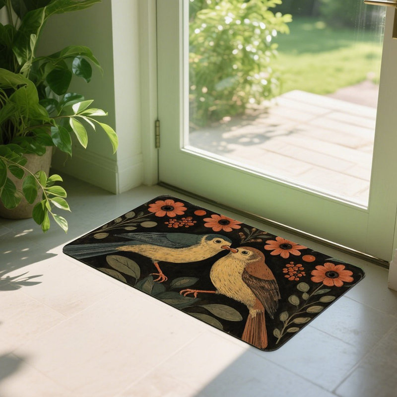 Two Birds with Flowers Doormat, 24 x 36, for Front Door