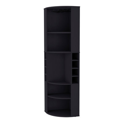 Black Corner Bar Cabinet With 5 Large Shelves - Stores Glassware & Liquors, Construction, Enhances Living Room Storage Holds Wine, Liquor Glassware, Wood,