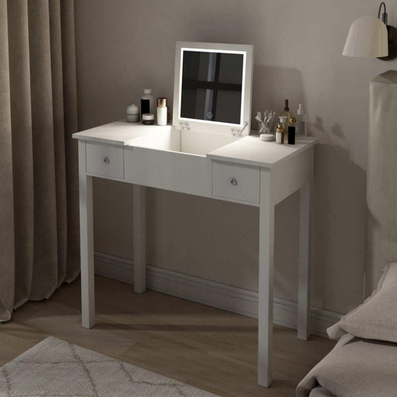 Sleek Vanity Table with LED Lights, Flip-Top Mirror and 2 Drawers, Jewelry Storage for Women Dressing, White/Oak