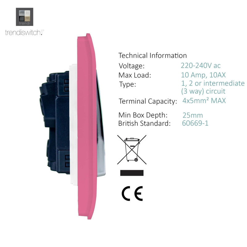 Trendi Switch 4 Gang Light Switch (1x 1 or 2 Way & 3 x Intermediate), Pink