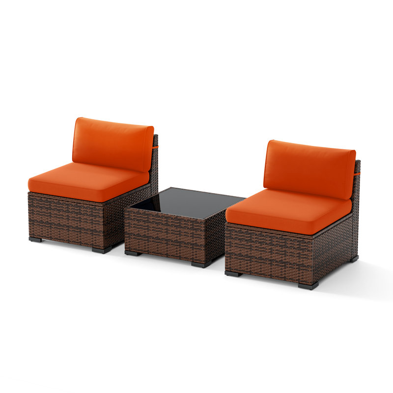 Ensemble de chaise d'extérieur sans accoudoirs en osier avec coussins, Orange