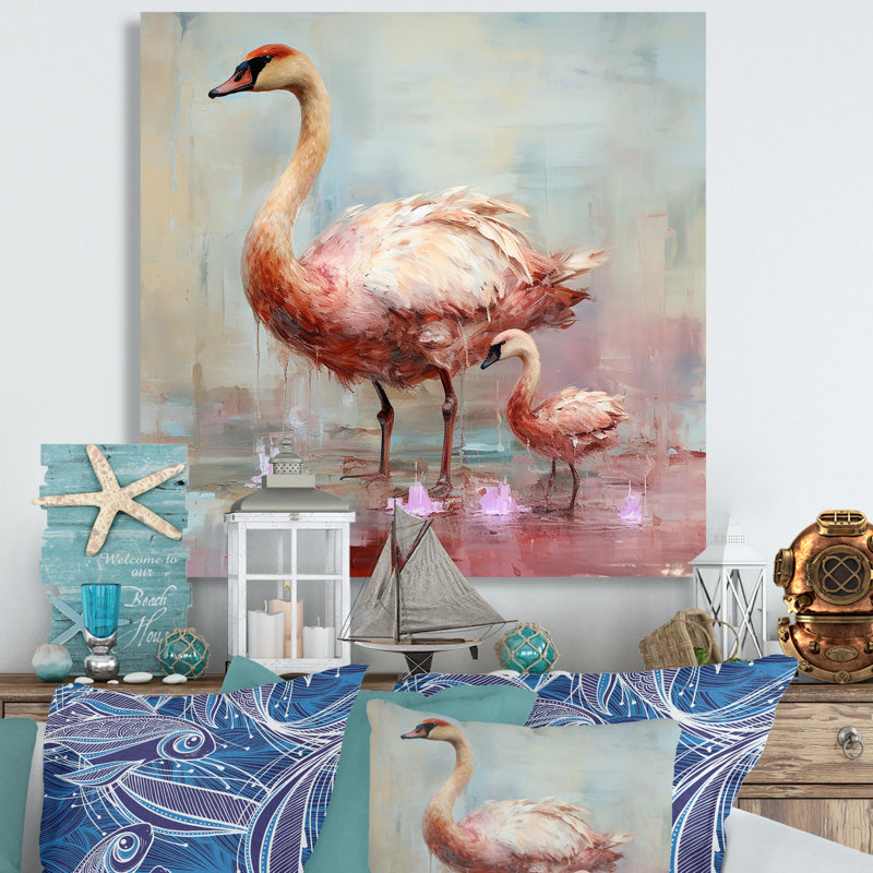 Rose et cygne en fleur - Art mural animaux cygnes, H 36 po x l 36 po